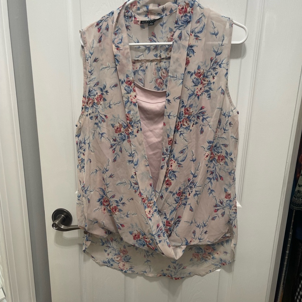 Sara Michelle Floral Drape Blouse - Cream and Blue - Picture 3 of 14